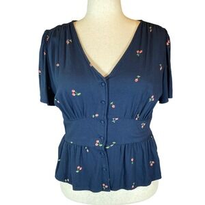 Old Navy Womens Cherry Print Peplum Top Short Sleeve V-Neck Smocked Navy Blue XL
